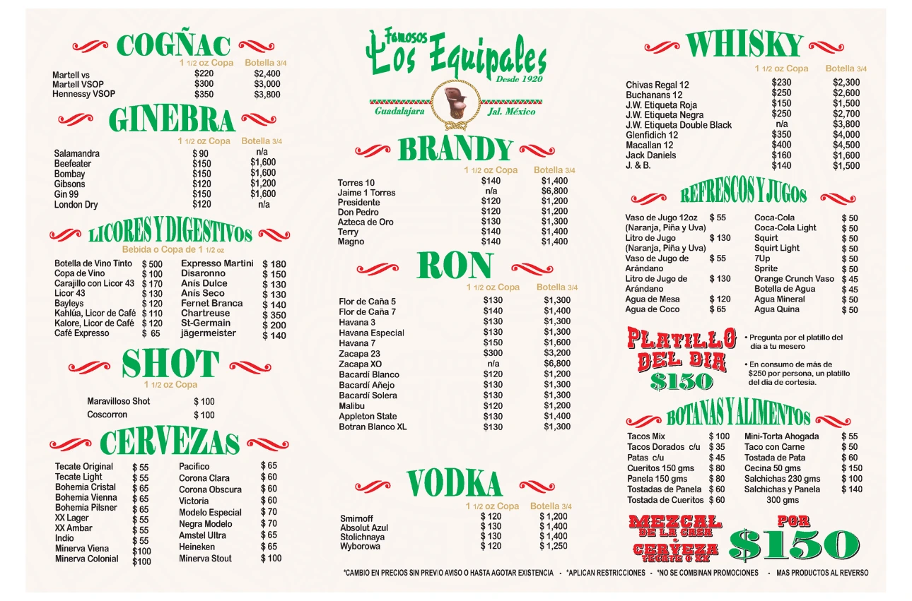 Los Famosos Equipales La Nalga Alegre Cantina Tradicional Centro de Guadalajara Menú